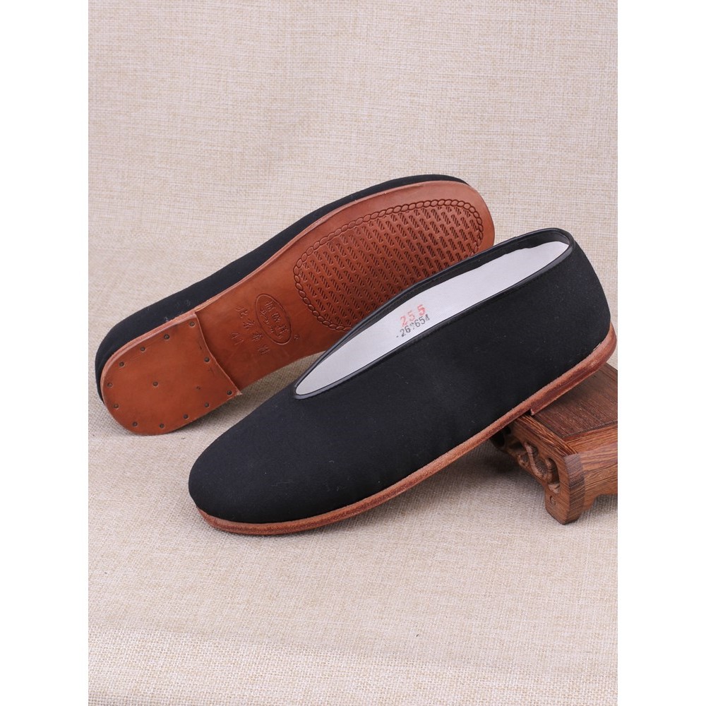 老北京老头鞋春秋一脚蹬圆口爸爸鞋纯手工牛皮底透气保健布鞋男