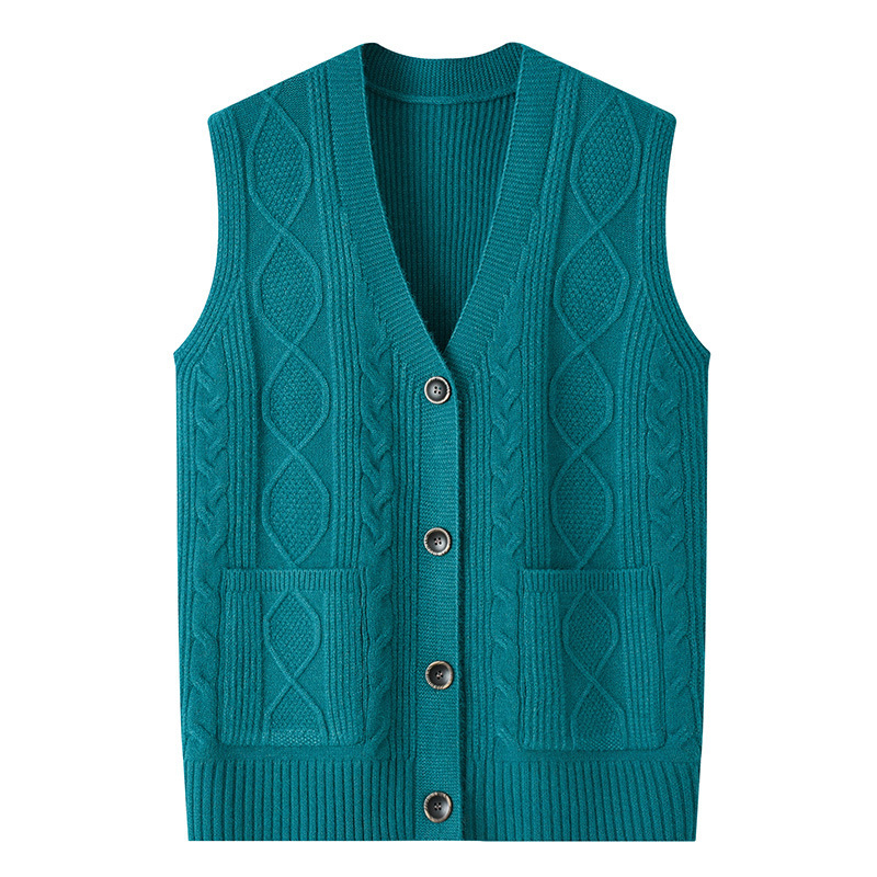 Middle-Aged and Elderly Women's Knitted Warm Vest Spring and Autumn Sleeveless Jacket Grandma's Clothes Top Thin Cardigan Elderly Wool Vest
