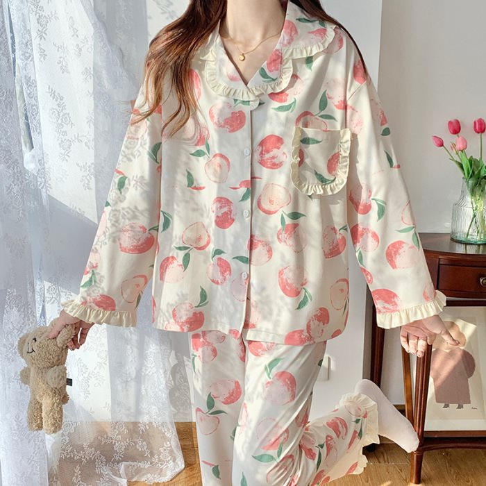 春秋季新款睡衣女梭织棉翻领开衫长袖甜美花边长袖长裤家居服套装