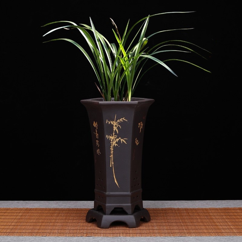 六方紫砂花盆紫砂兰花专用盆精品紫砂花盆君子兰盆兰草花盆带托盘