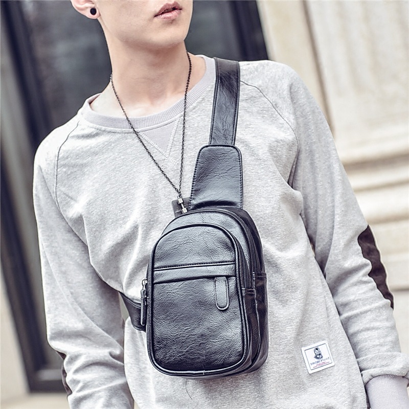 软皮小胸包男士户外运动休闲男韩版潮包男软皮斜挎包单肩包跨背包