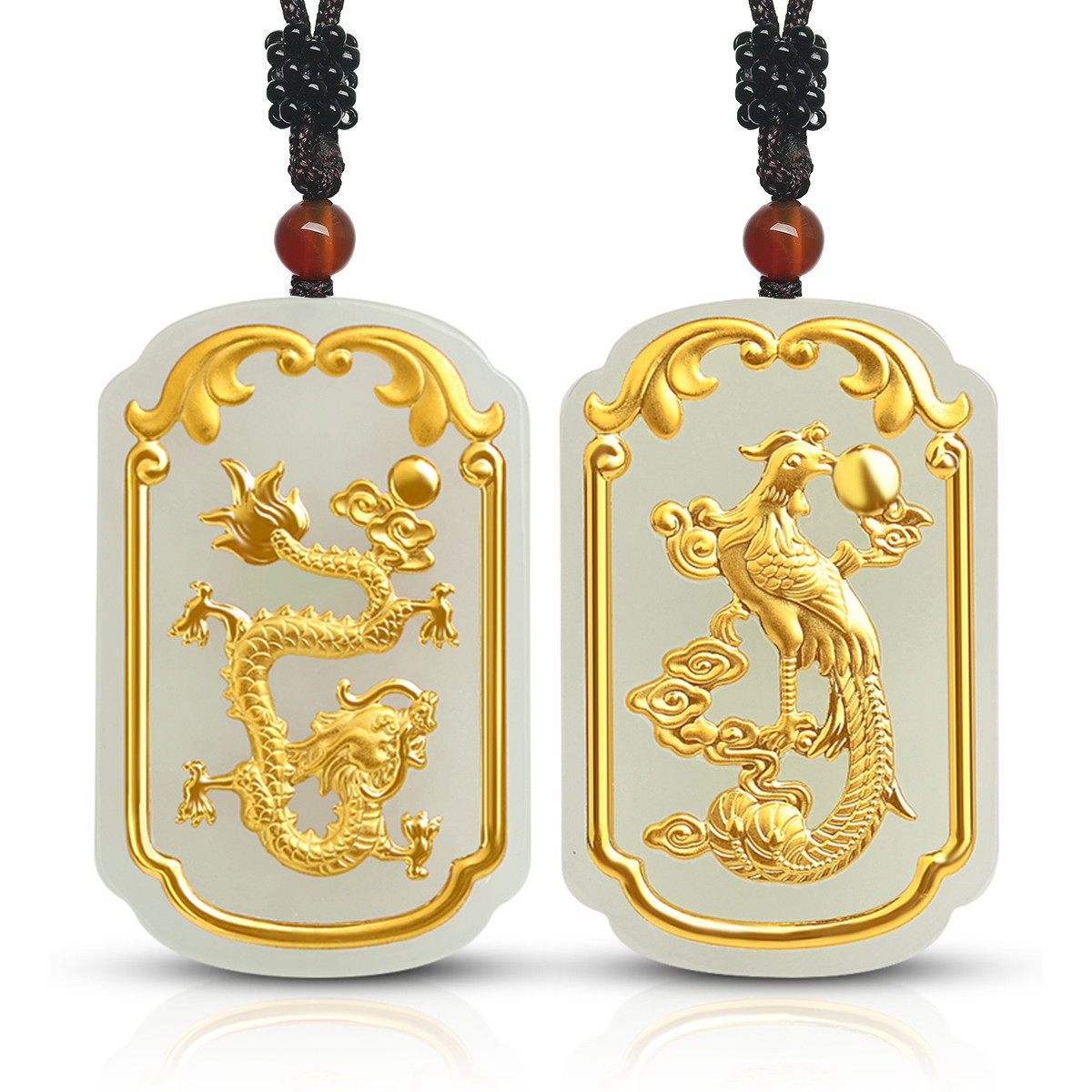 金镶玉足金和田玉吊坠龙凤情侣对牌玉石黄金直播代发