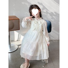新中式女童连衣裙春款2024小香风珍珠旗袍裙子儿童春季长袖公主裙