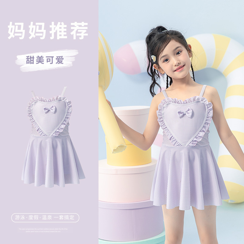 女童泳装连体小中童背心式格子裙小公主甜美可爱沙滩温泉度假泳衣