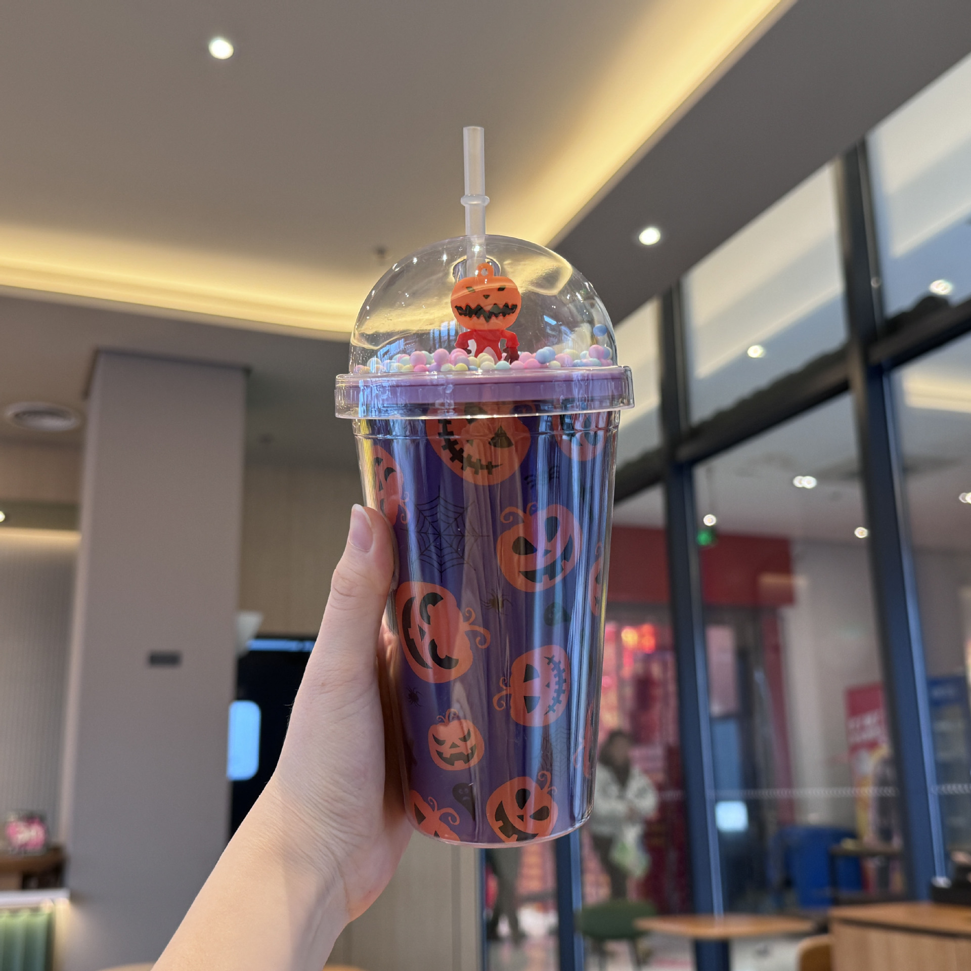 Cross-Border New Halloween Water Cup Wholesale Cartoon Double-Layer Plastic Straw Cup Creative Net Red Milk Tea Cup Viewing Cup