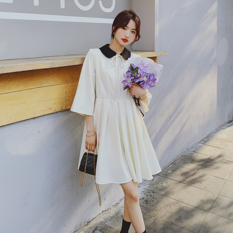实拍新款初恋甜美学院风连衣裙女夏法式中长款小个子设计感a字裙