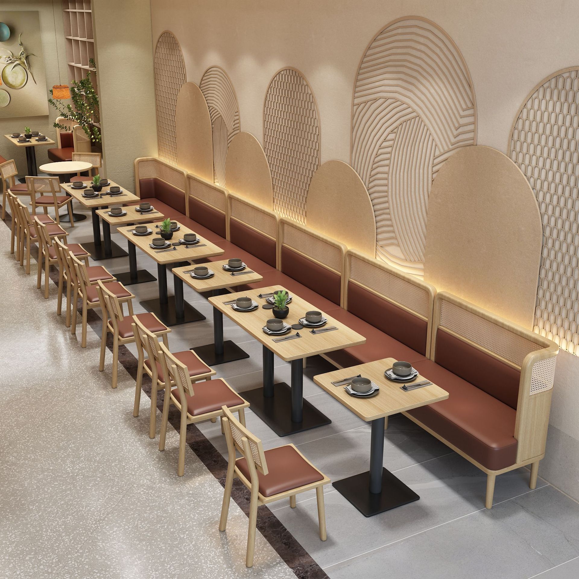 自助餐火锅店西餐厅靠墙编藤卡座茶餐厅饭店烤肉店实木餐桌椅组合