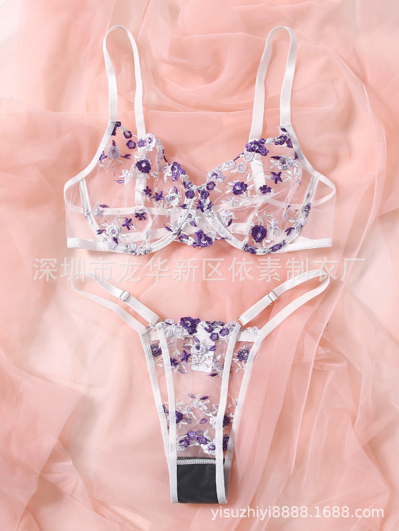 欧美少女带钢圈骨架 超薄网布刺绣文胸套装三点式性感镂空内衣