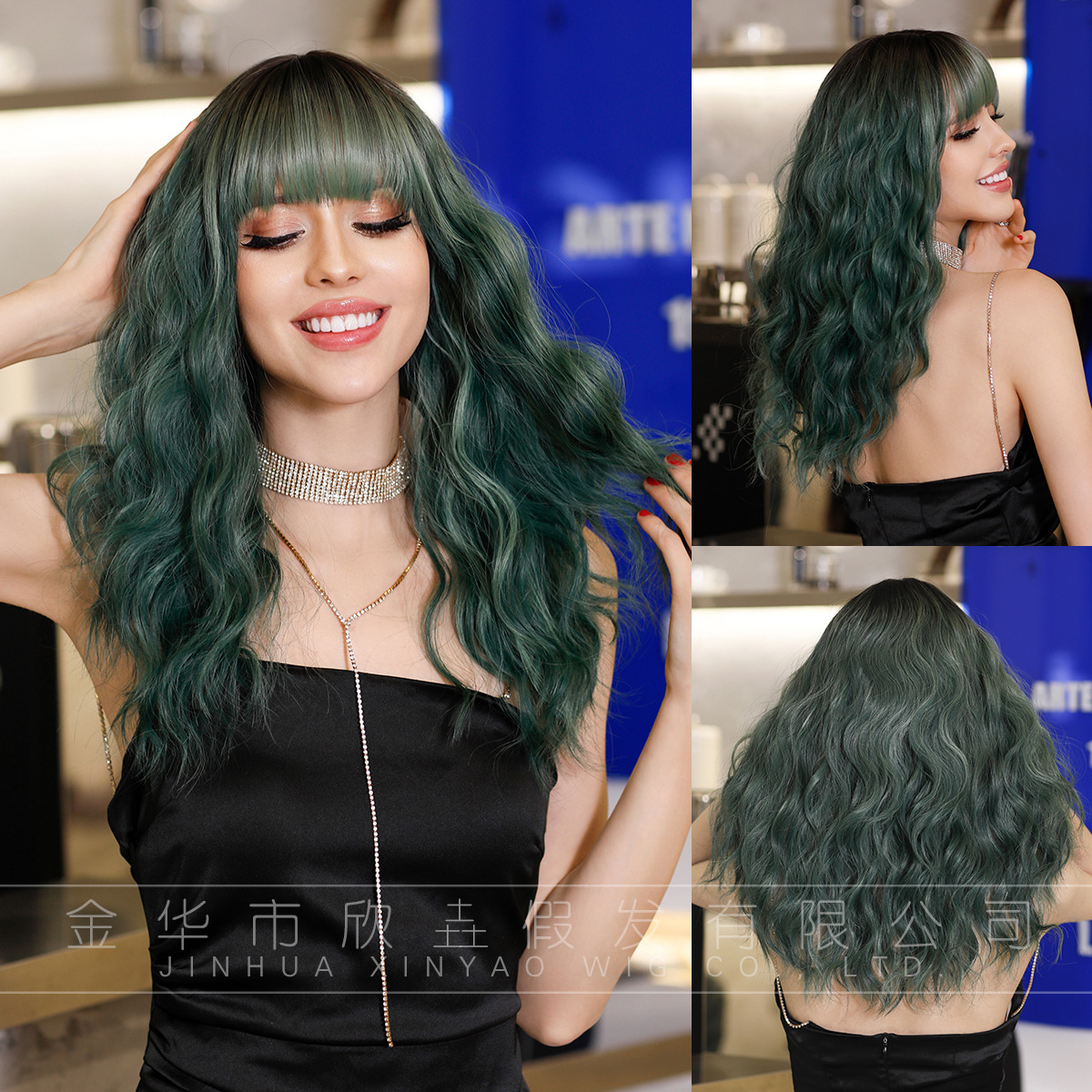 跨境cosplay万圣节假发绿色齐刘海卷发海藻绿羊毛卷化纤假发批发