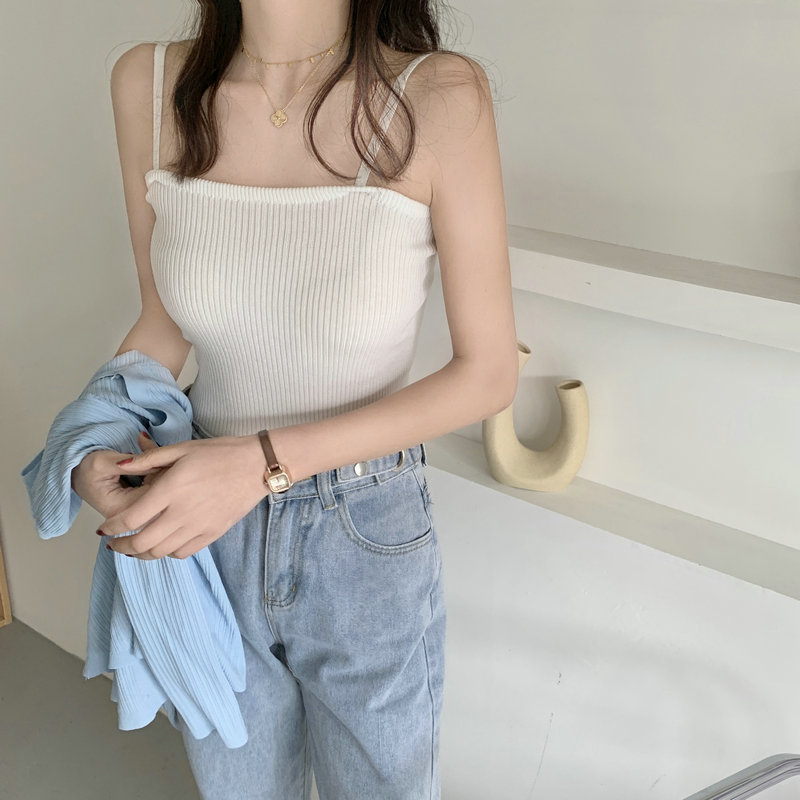 实拍法式白色针织小吊带背心女设计感外穿内搭打底辣妹穿搭上衣