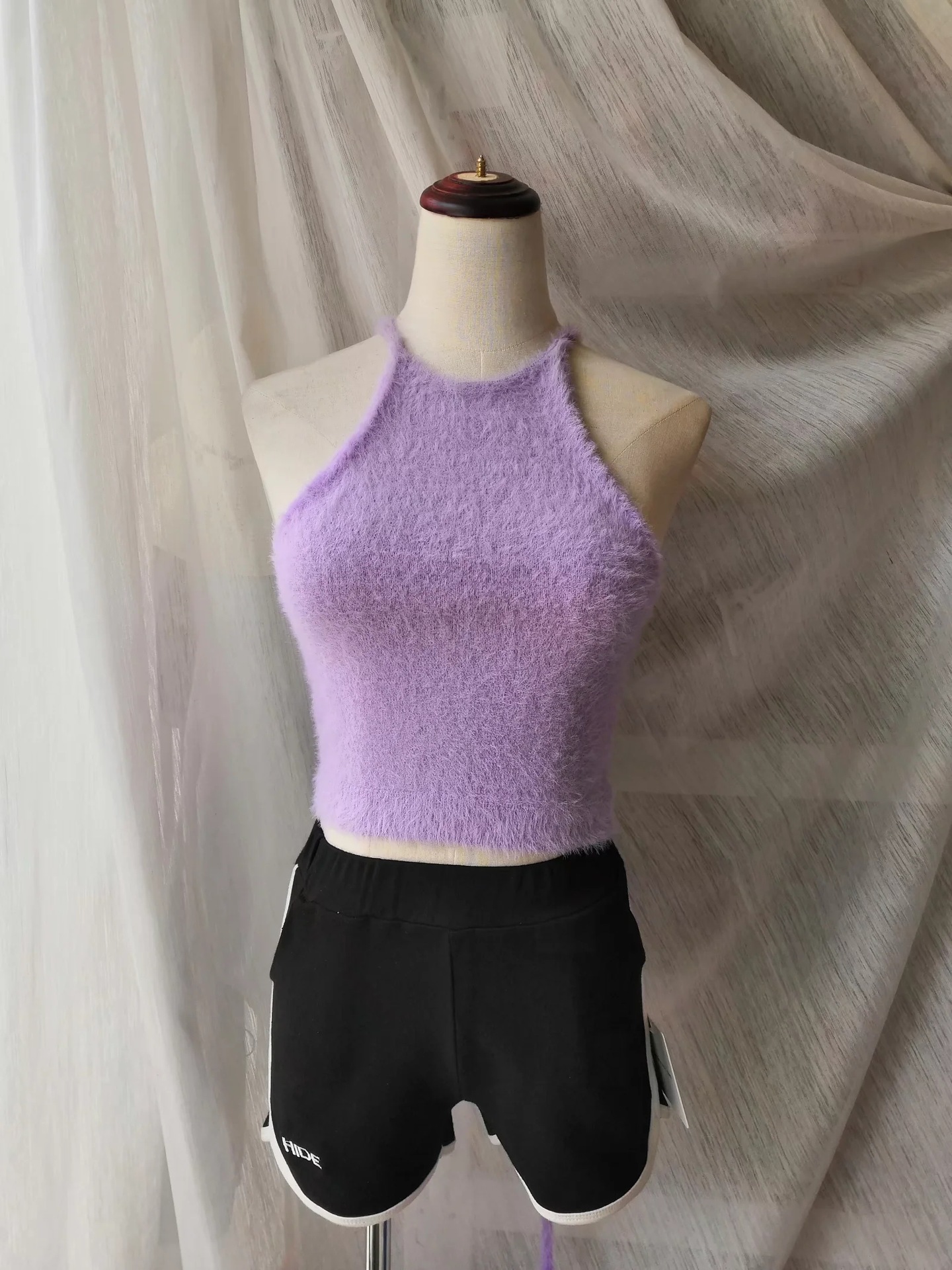 欧美ins新款辣妹性感修身挂脖系带毛绒背心女露背针织吊带背心潮