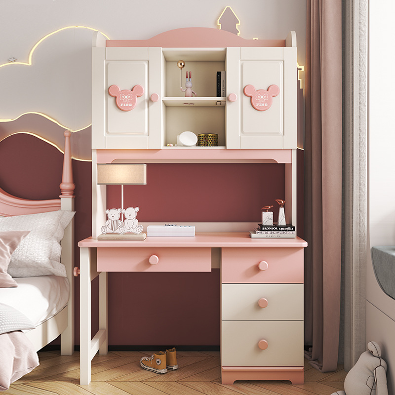 儿童书桌写字桌家用书架一体桌组合学生学习女孩卧室粉色电脑桌