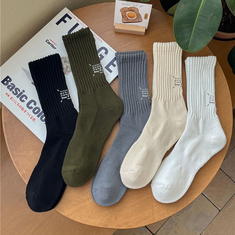 Women's Socks Autumn and Winter Thickening Terry Towel Bottom Bunching Socks Heel Hot Stamping Letters and Numbers Women's Middle Athletic Stockings