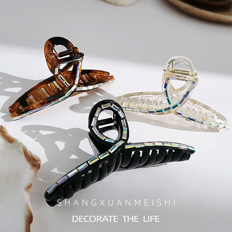 大号黑色抓夹韩国优雅气质水晶发抓后脑勺鲨鱼夹韩系盘发夹子头饰