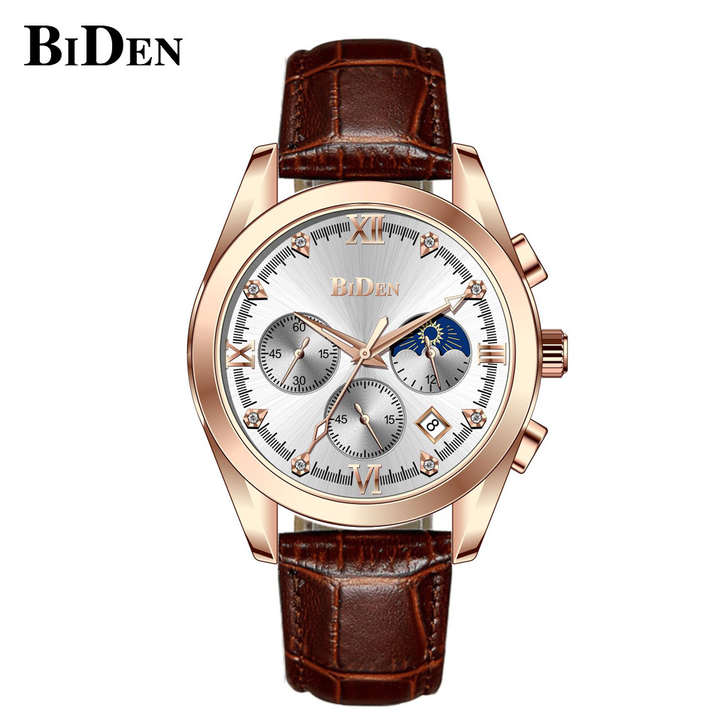 biden男款手表 多功能计时表 夜光石英表 防水时尚皮革表工厂直销