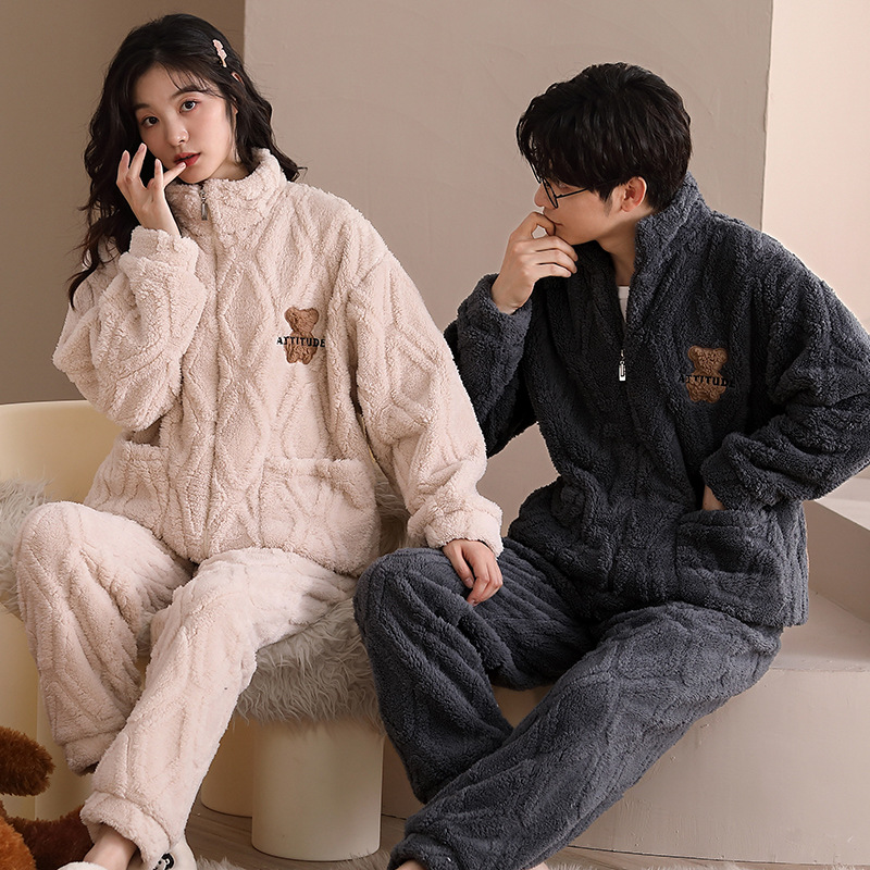 情侣装睡衣女款春秋纯棉长袖法兰绒休闲青少年开衫套装冬天家居服