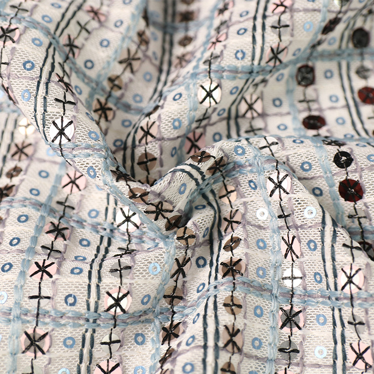 春秋新款网布亮片绣花外套女装面料 小香风亮片刺绣西服套装布料