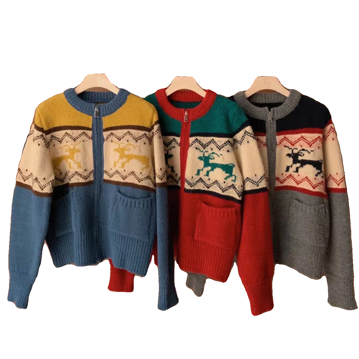 麋鹿提花撞色圆领圆领拉链针织开衫女秋冬季复古慵懒风毛衣外套