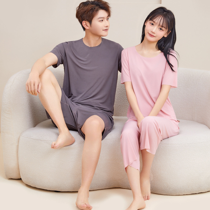 Spring and Summer Ice Silk Couple Pajamas Suit Seamless Men Loose plus Size Homewear Women's Pajamas Wholesale Delivery