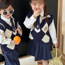 韩国儿童秋冬新款幼儿园服男女童毛衣马甲三件套长袖宝宝兄妹装潮