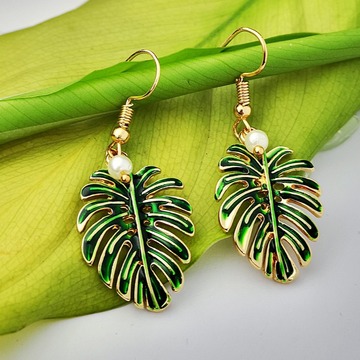 跨境热卖时尚通勤波西米亚风情绿色椰树叶耳环小清新珍珠绿叶耳坠