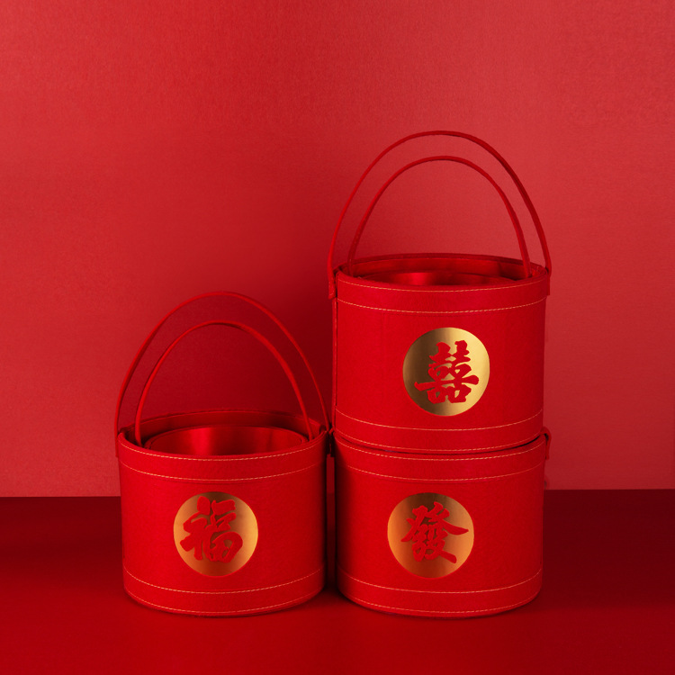 现货大红色福字抱抱桶新年喜庆银柳花束插花桶伴手礼手提圆形福桶