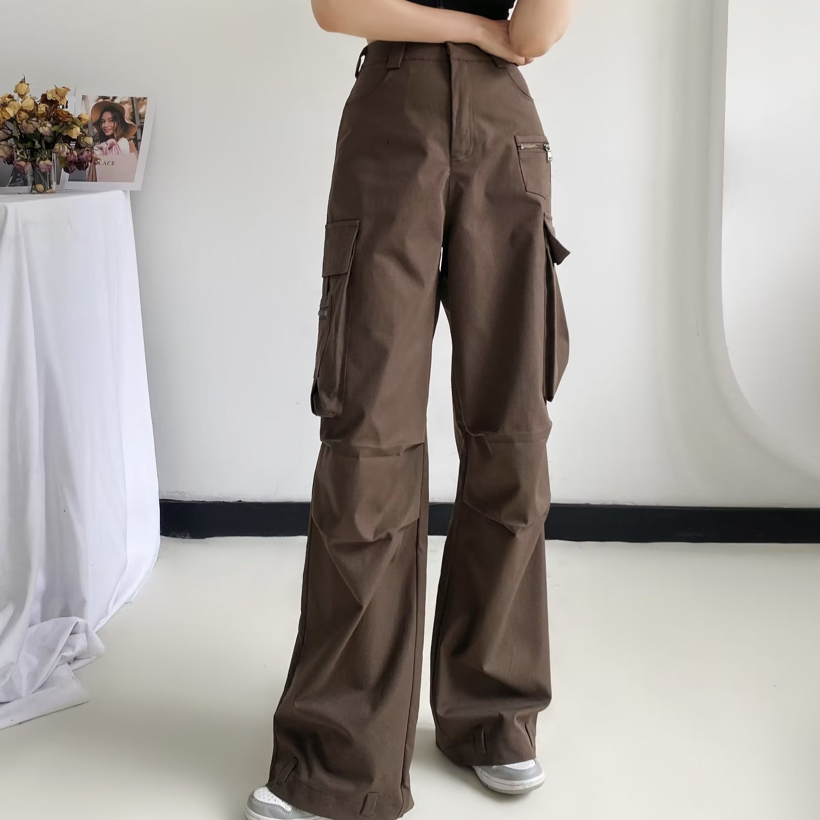 Design Multi-Pocket Overalls Women's 2022 Autumn American Hot Girl Loose High Waist Slimming Wide Leg Mopping Trousers Women Clothes