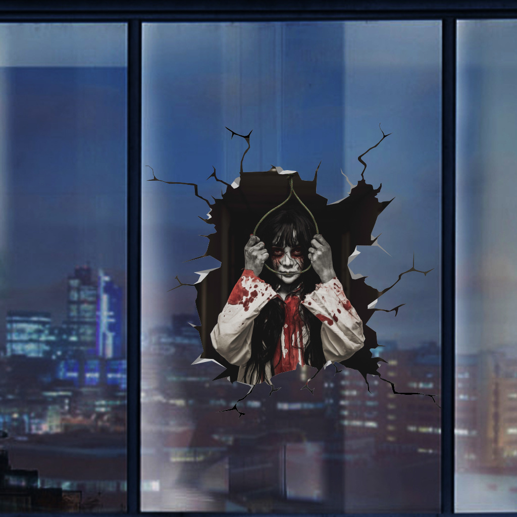 奥弗爆款3d魔鬼女人万圣节贴纸 afh1189破窗3d恐怖女万圣节墙贴