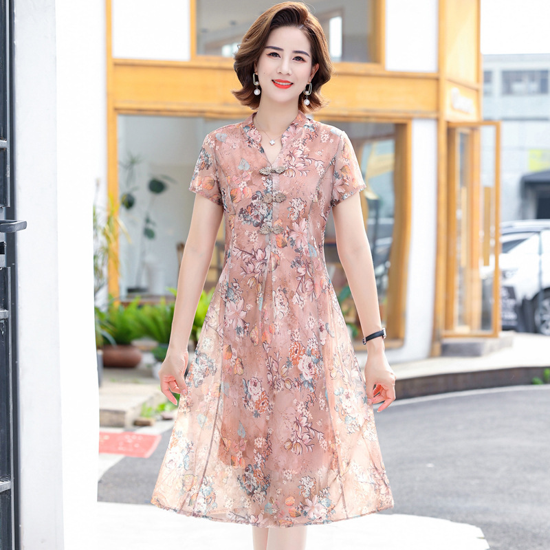 Dress Mom Summer Clothes Western Style Chiffon Middle-Aged Women's Summer Short Sleeve Middle-Aged and Elderly Elegant Cheongsam Floral Skirt