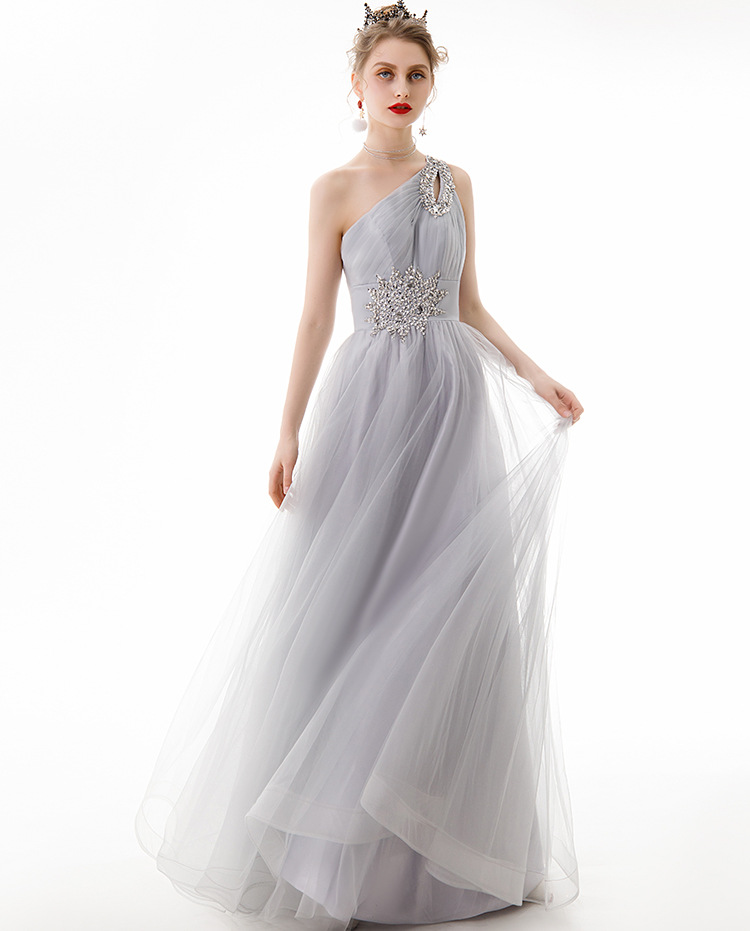 早春新款单肩薄纱初夏晚礼服浅灰色长款合唱服聚会晚宴气质礼服裙