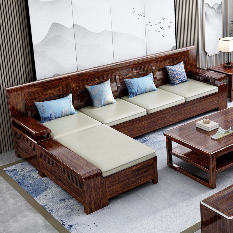 红檀木新中式实木沙发客厅组合雕刻转角l型储物家具冬夏两用