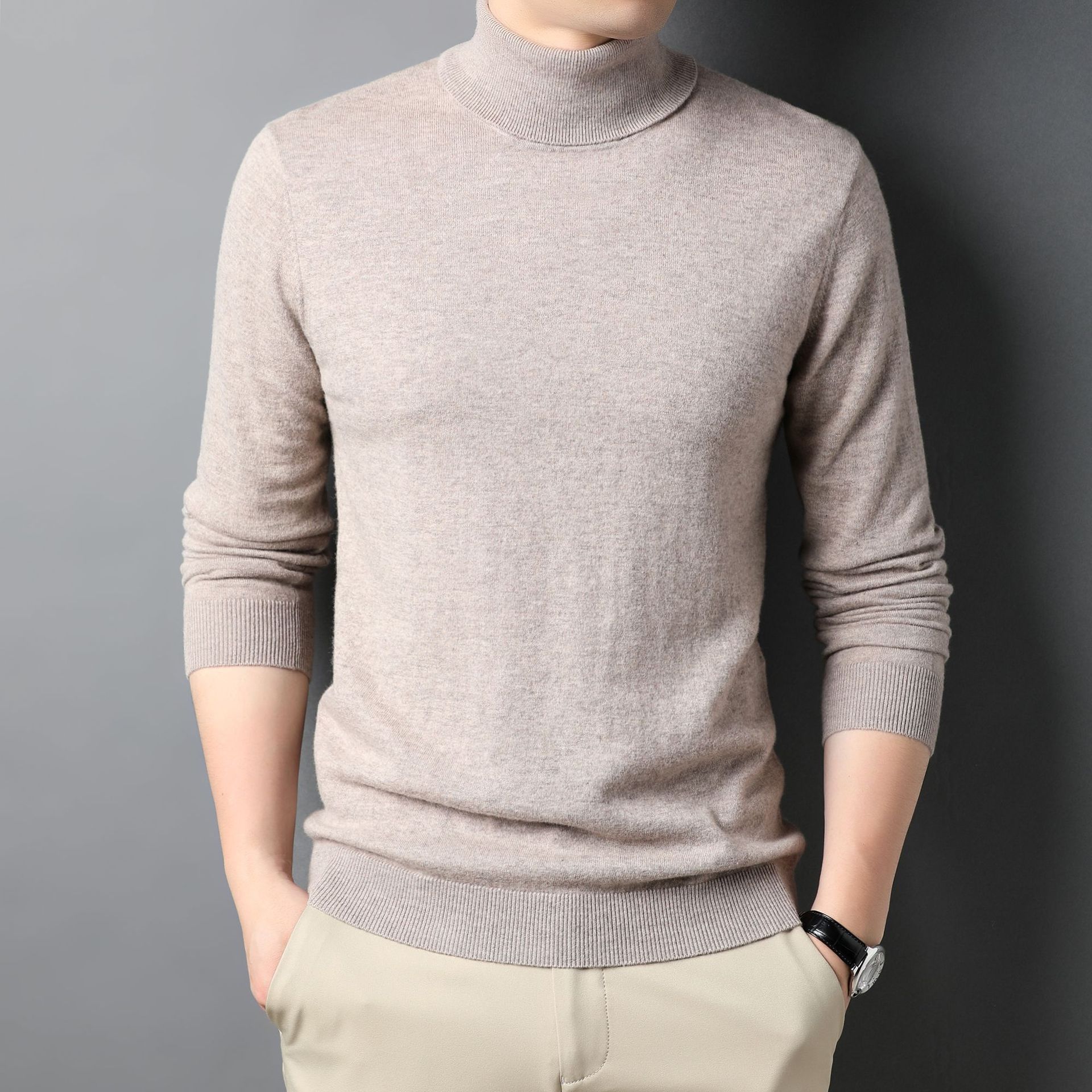 2021秋冬男士高领针织羊毛绅士休闲纯色两反领宽松男装长袖羊毛衫