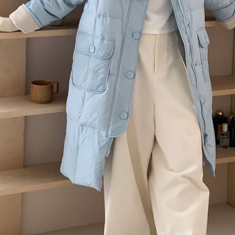 冬季新款羽绒服女长款过膝大码休闲文艺翻领白鸭绒保暖撞色外套潮