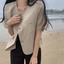 韩国chic夏季复古气质圆领宽松百搭纯色单排扣短袖小香风外套上衣