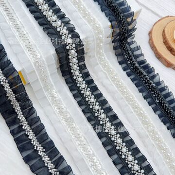 4cm雪纺衣服配饰 辅料蕾丝压褶钉珠花边手工珍珠串珠衣领花边服