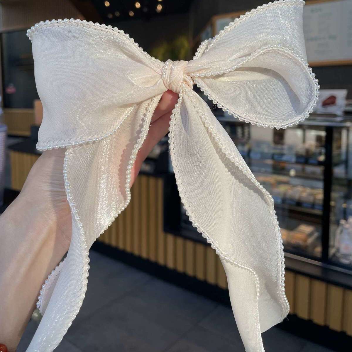 包邮网红夏天薄款珍珠蝴蝶结飘带发带绑发夹子女丝带超大发夹头花