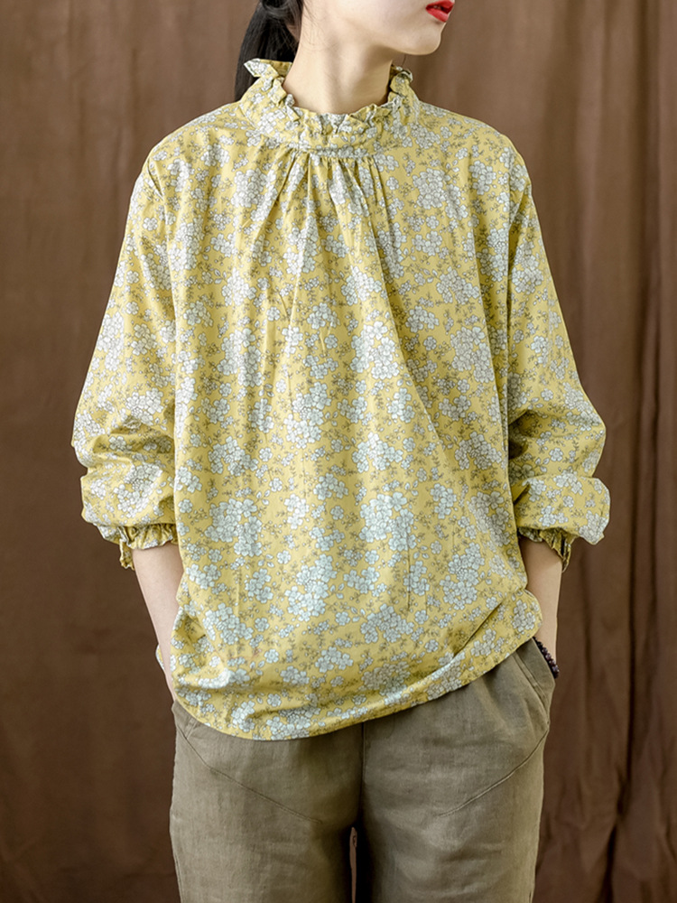 2022春季文艺碎花女式衬衣森女宽松木耳边长袖衬衫花边高领打底衫