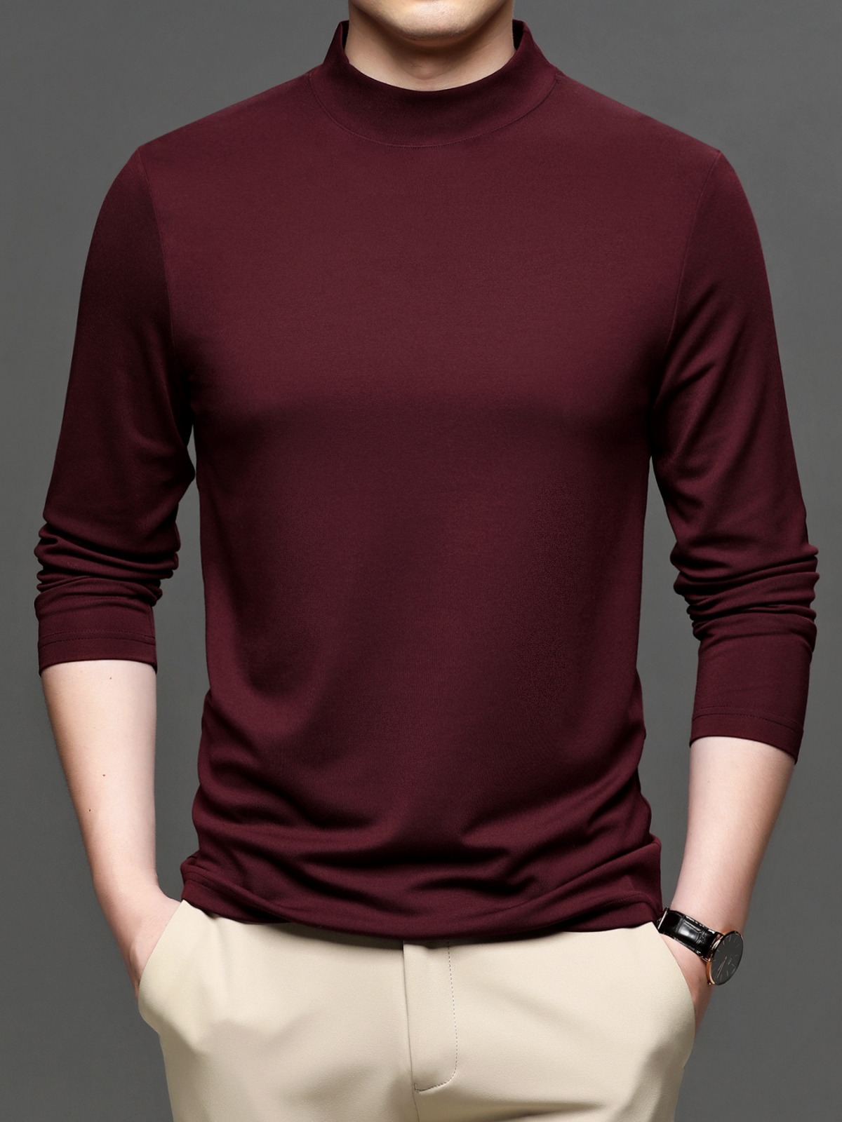 早春立领长袖恤男士莫代尔时尚简约纯色韩版男装上衣打底衫恤男