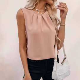 亚马逊欧美跨境外贸2025春季新款褶皱圆领背心无袖上衣雪纺衫现货