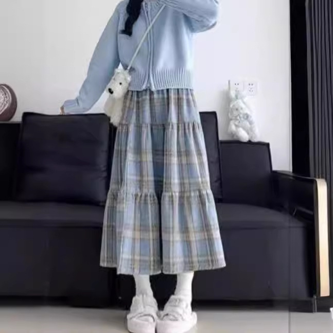 蓝色蛋糕裙女秋冬新款高腰a字显瘦日系复古中长款毛呢格子半身裙