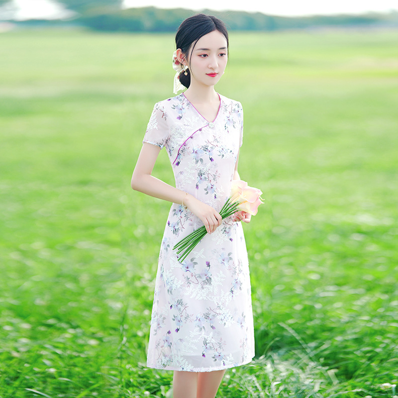 低领旗袍裙2022年新款夏季女无领改良风连衣裙夏v领显瘦茶艺