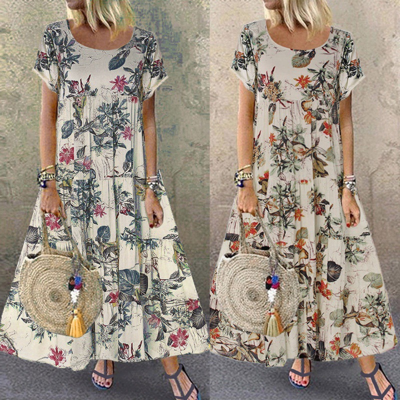 2022 Amazon Wish Independent Station Best Selling Women's Clothes Vintage Floral Print Short Sleeve round Neck Dress