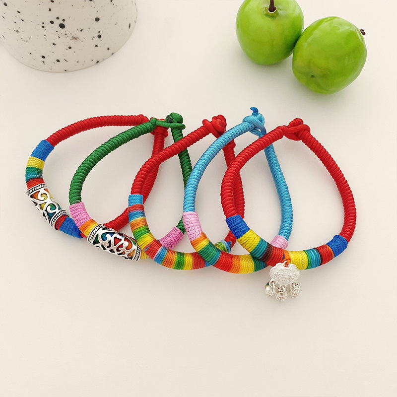 端午节情侣幸运手绳男女diy自编织五彩绳可爱儿童带铃铛个性手链