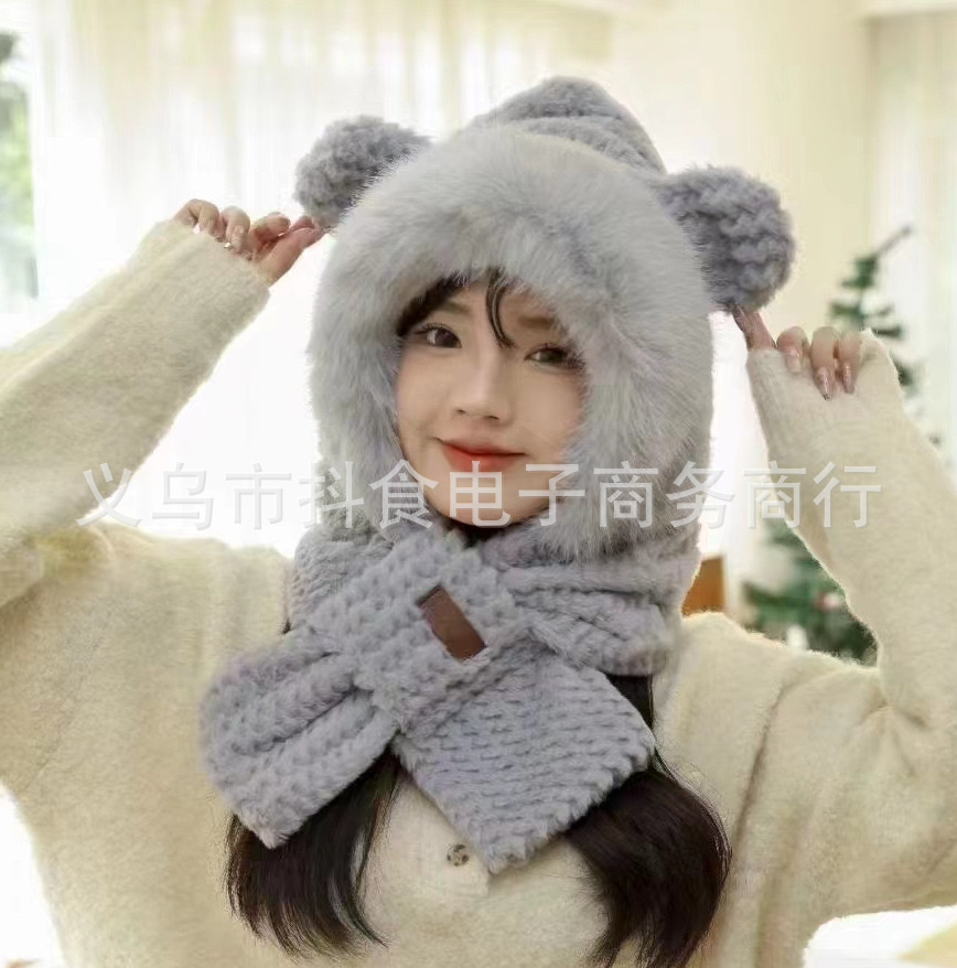 New All-Match Bear Hat Scarf Women's Autumn and Winter Riding Cold-Proof Warm Ear Protection Cute Plush Gloves