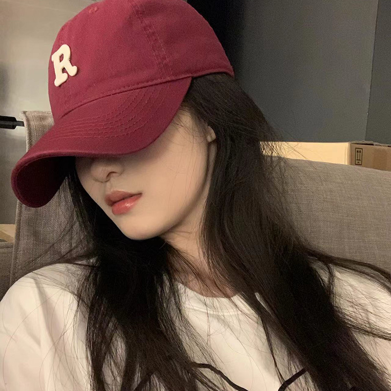r字母棒球帽子女夏季薄款韩版百搭时尚酒红色显脸小鸭舌帽潮