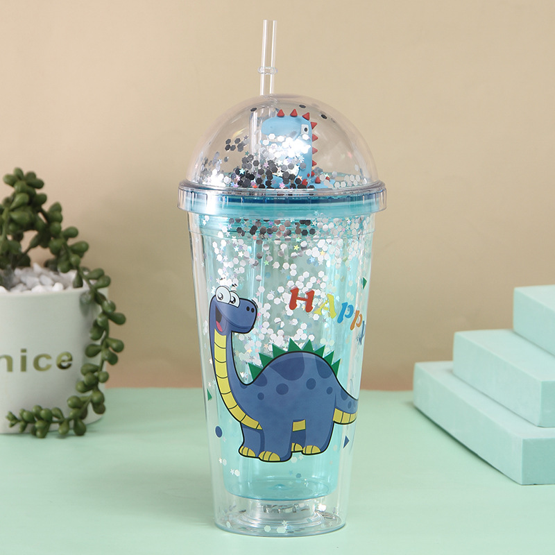 New Cartoon Double-Layer Plastic Cup Creative Dinosaur Doll Water Cup Men and Women Student Straw Cup with Lights