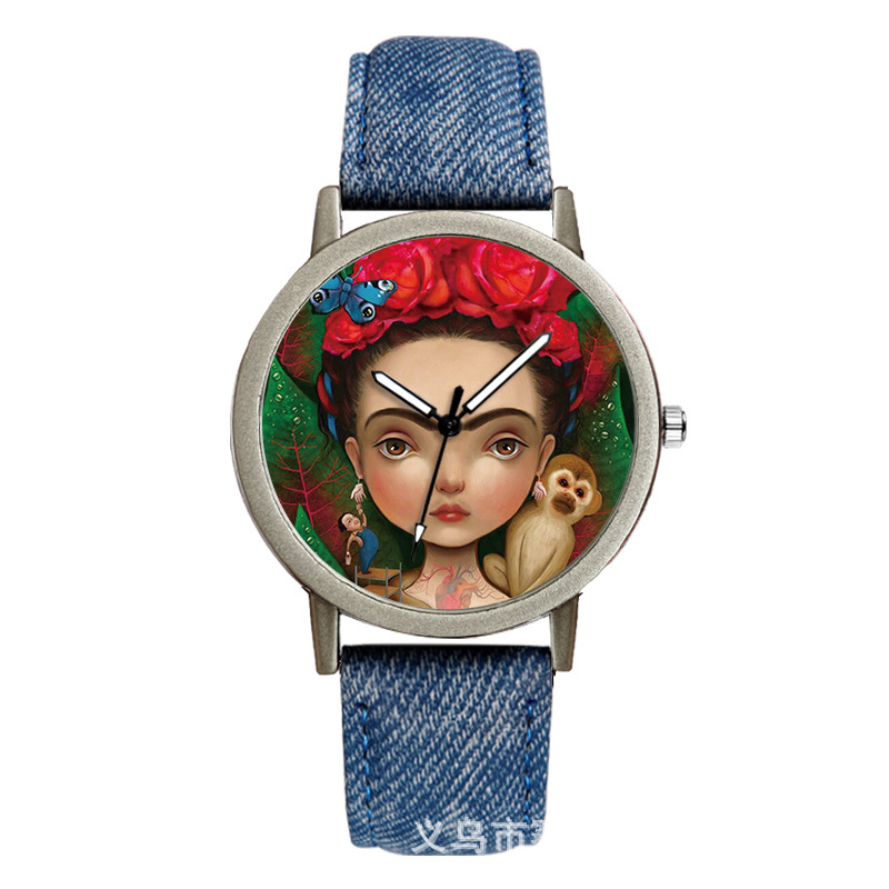 宝赛丽腕表无数字表盘时尚卡通女孩个性牛仔表带石英手表