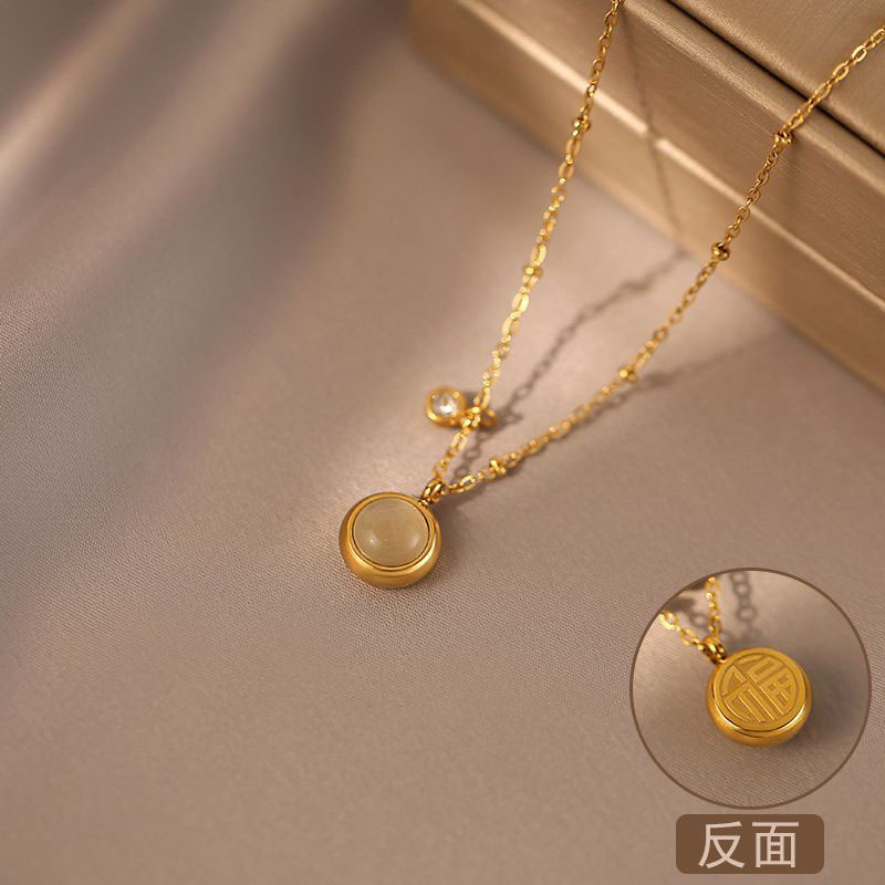 New Opal Pendant Titanium Steel Necklace Female Summer Light Luxury Minority Design Fu Character Clavicle Chain Wholesale Sweat-Proof Color-Preserving