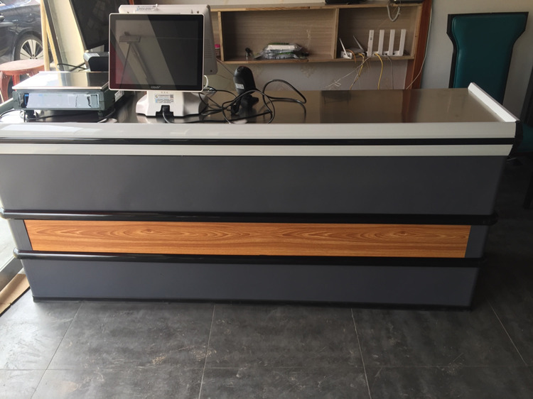 超市收银台商场便利生鲜蔬果店卖场转角钢木简约不锈钢台面收银台