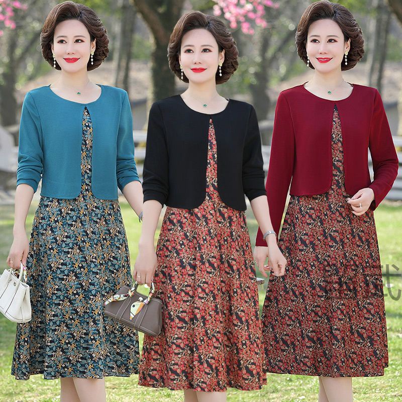 lw妈妈春装连衣裙中长款中年大码时尚减龄中老年女春秋新款洋气裙
